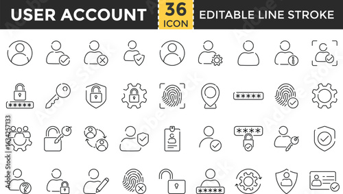 User Account Line Icon Set. Pixel Perfect and Outline Editable Stroke Icons collection for Profile, Login, Avatar, Password, remove friend, Username, Connect, Add Friend, and Account Access