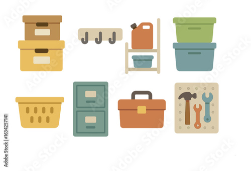 Organized Basement Storage. Flat vector mini-illustrations Organizing basement storage in colors children's