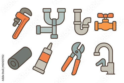 Basement Plumbing Icons. Flat vector mini-illustrations Plumbing for finished basement in colors children's