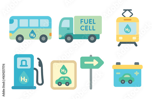 Hydrogen Vehicles Icons. Flat vector mini-illustrations Hydrogen-powered vehicles in colors children's