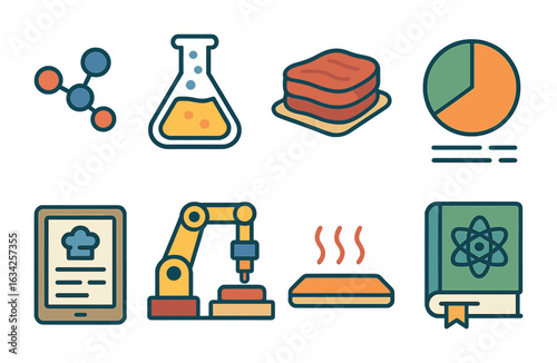 3D Food Printing Icons. Flat vector mini-illustrations Science of 3D food printing in colors children's