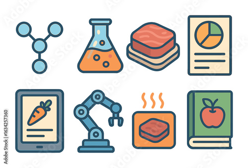 3D Food Printing Icons. Flat vector mini-illustrations Science of 3D food printing in colors children's
