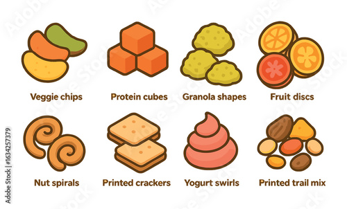 3D Printed Snack Icons. Flat vector mini-illustrations 3D printed healthy snacks in colors children's