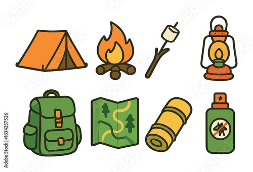 Camping Adventure Icons. Flat vector mini-illustrations Camping near hiking trails in colors children's