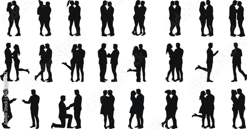 Silhouette couples in six-column grid displaying diverse interactions—hugging, kissing, hand-holding, kneeling—capturing intimacy, romance, connection, and relational dynamics across multiple poses