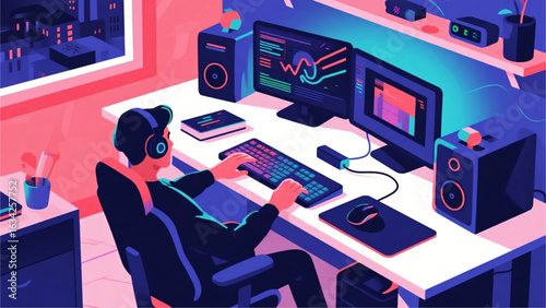 Vector flat design of a gamer sitting at a desk with dual monitors, RGB keyboard, gaming mouse, and LED lights, cozy room background, minimalist and modern style.