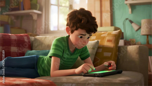 Photorealistic image of a child playing mobile games on a tablet while lying on the sofa, bright daylight coming from the window.