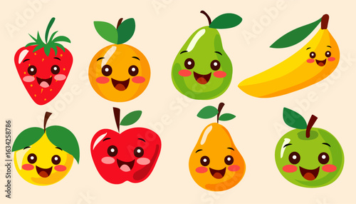 Colorful fruits with happy expressions gather in a playful arrangement. Each fruit character showcases a unique personality, creating a delightful visual experience for viewers