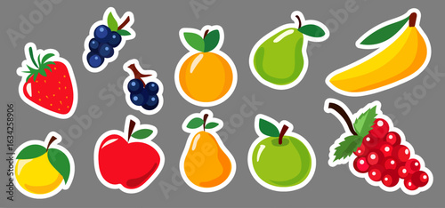 Brightly designed vector fruits and berries display a variety of colorful stickers including strawberries, blueberries, bananas, oranges, and pears perfect for decoration and creativity