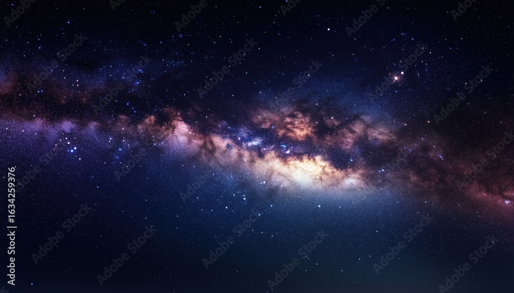 Fototapeta premium Capturing The Spectacular Milky Way Galaxy: Stunning Images Of Stars, Nebulae, And Stardust In The Night Sky Through Panoramic Astrophotography.