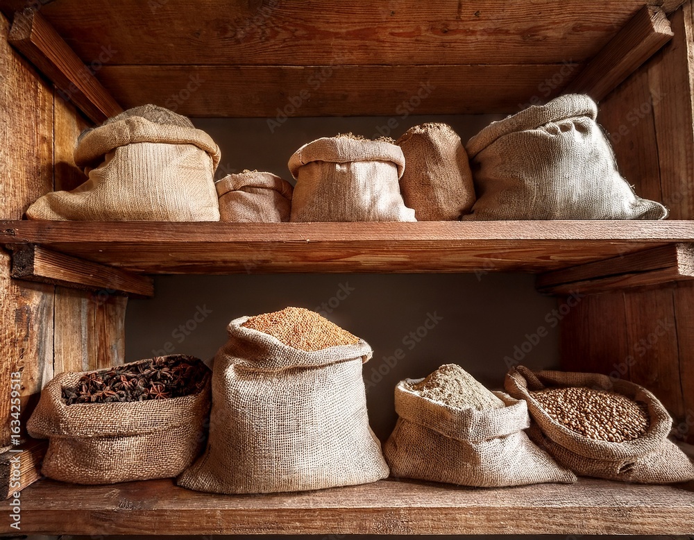 Obraz premium rustic grain sacks and spices displayed in wooden shelves for organic grocery or market food visuals concept