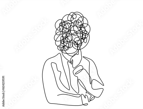 Continuous one line drawing of a man with confused feelings worried about bad mental health. Problems, stress, sad and depression concept in doodle style. Hand drawn one line vector. Editable stroke	