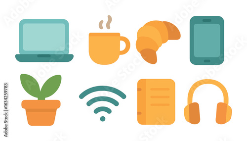 Cafe Work Essentials. Flat vector mini-illustrations working from cafes in colors children's illustrations: