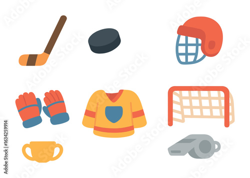 Kids' Hockey Gear Icons. Flat vector mini-illustrations hockey team equipment in colors children's