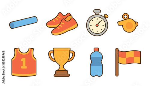 Relay Race Icons. Flat vector mini-illustrations team relay race in colors children's illustrations: baton,