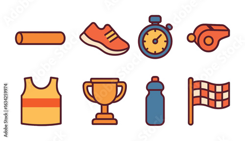 Relay Race Icons. Flat vector mini-illustrations team relay race in colors children's illustrations: baton,