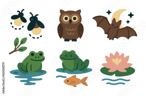 Night River Wildlife. Flat vector mini-illustrations riverbank wildlife at night in colors children's