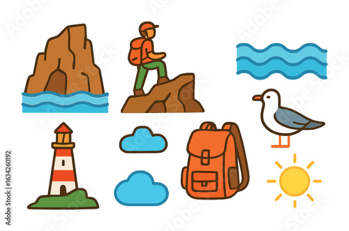 Coastal Adventure Icons. Flat vector mini-illustrations coastal cliff exploration in colors children's