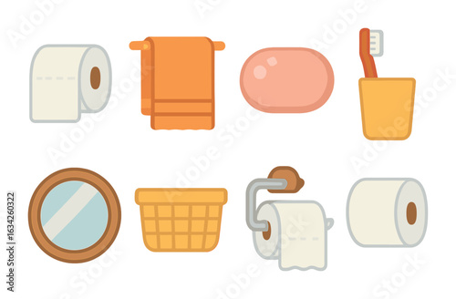 Bathroom Essentials Icons. Flat vector mini-illustrations family bathroom essentials in colors children's