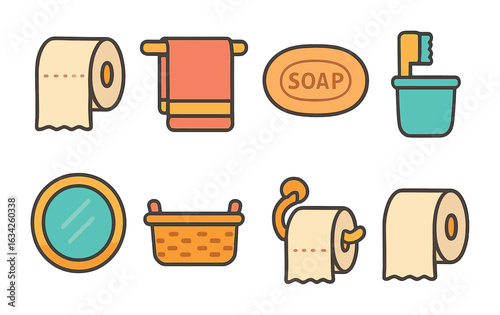 Bathroom Essentials Icons. Flat vector mini-illustrations family bathroom essentials in colors children's