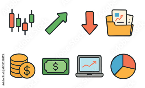 Stock Trading Icons. Flat vector mini-illustrations stock trading strategies in colors children's