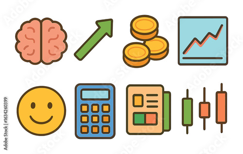 Trading Psychology Icons. Flat vector mini-illustrations trading psychology in colors children's illustrations
