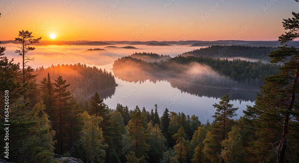 Fototapeta premium Serene Sunrise Over Finnish Lake District: Mist, Forest, and Golden Light