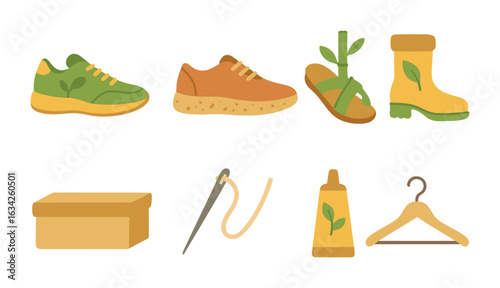 Eco-Friendly Shoe Icons. Flat vector mini-illustrations sustainable shoe designs in colors children's