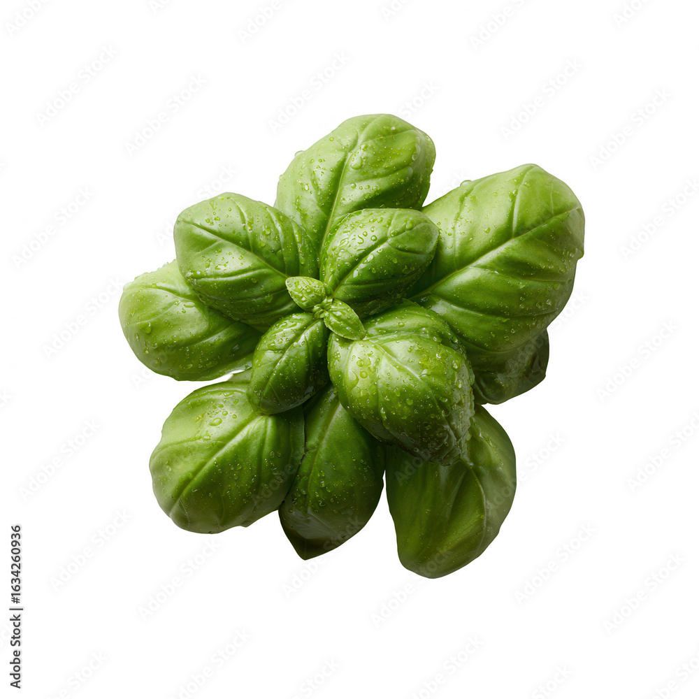 Fototapeta premium Fresh green basil with vibrant leaves, showcasing a lush and aromatic herb, perfect for culinary use and garnishing dishes, isolated on a white background.