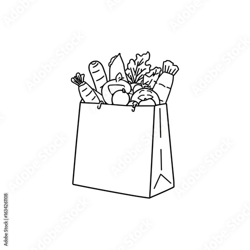 Grocery Bag with Food Items Outline Vector