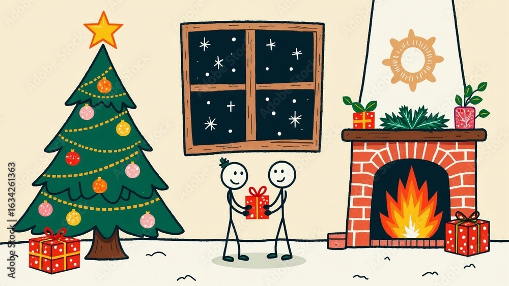 Naklejka premium People exchanging a gift in a festive, cozy indoor setting with a Christmas tree and fireplace.
