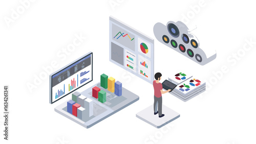 Isometric data analysis scene featuring charts graphs and a cloud with a person holding a tablet