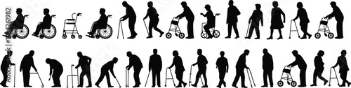 Silhouette of elderly people with mobility aids, wheelchairs, walkers, canes, aging process, disability support, senior lifestyle, healthcare concept