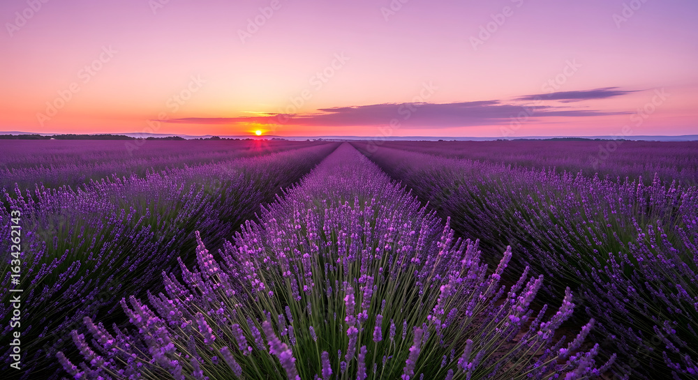 Obraz premium A stunning sunset over a vast field of blooming purple lavender. The rows of flowers lead to the horizon under a vibrant, colorful sky.