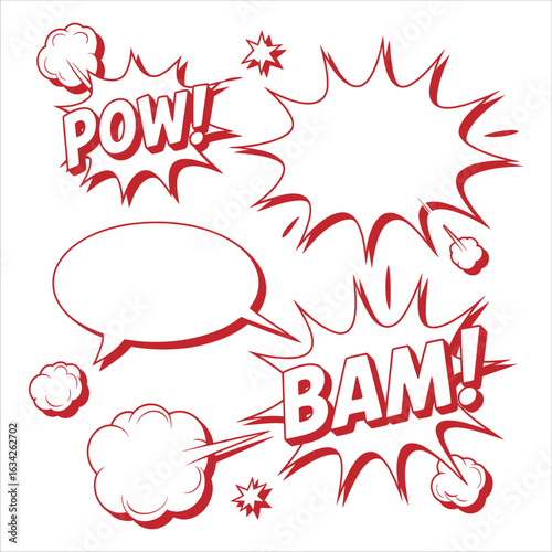 A vector collection of red comic book graphic elements. Includes pop art style speech bubbles, explosions, and sound effects like Pow and Bam.