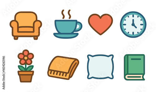 Caregiver's Cozy Time. Flat vector mini-illustrations caregiver rest time in colors children's illustrations: