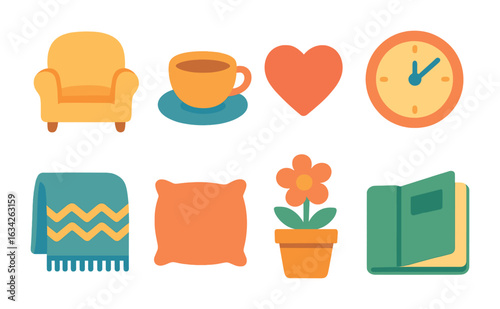 Caregiver's Cozy Time. Flat vector mini-illustrations caregiver rest time in colors children's illustrations: