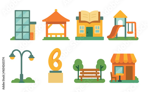 Modern Community Icons. Flat vector mini-illustrations modern community architecture in colors children's