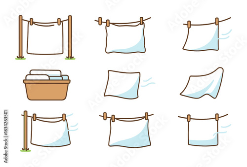 Clean Linens Outdoors. Flat vector mini-illustrations clean linens drying outside in colors children's