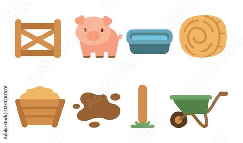 Barnyard Icon Collection. Flat vector mini-illustrations barnyard pigsty gate in colors children's