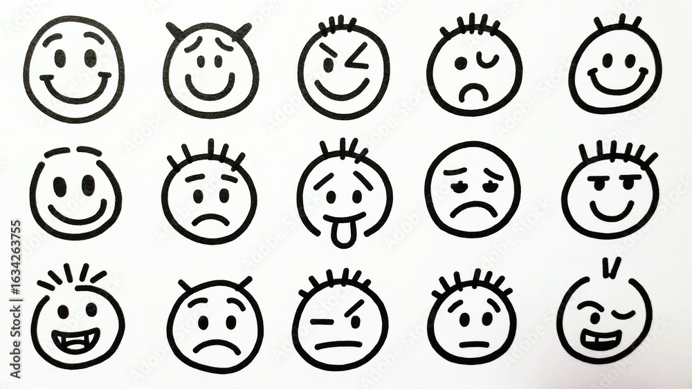 Fototapeta premium Collection of hand-drawn stick figure faces showing various emotions and expressions.