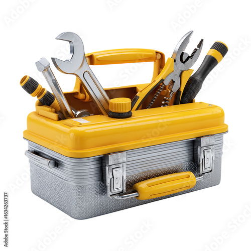 Realistic 3D render of a toolbox with wrench and pliers, isolated on transparent background .