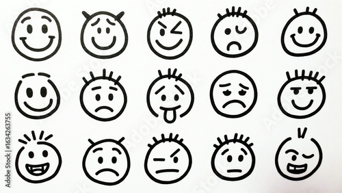 Collection of hand-drawn stick figure faces showing various emotions and expressions.