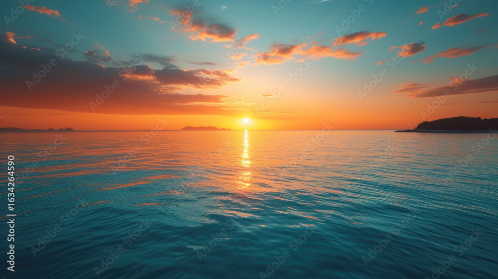 Obraz premium Ocean horizon at sunset, golden light reflecting on water, clouds paint the sky in shades of orange.