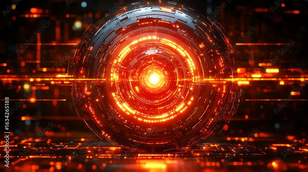 Fototapeta premium Fiery, glowing orb with intricate technological design.