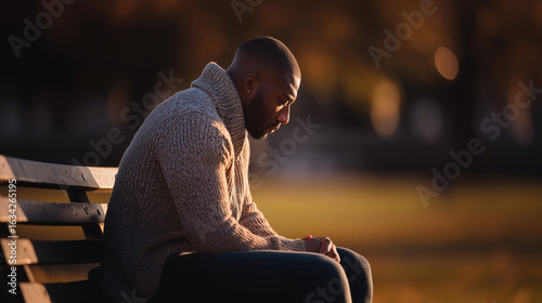 Sad man sitting alone on park bench in warm autumn light feeling depressed. Lonely person in sweater experiencing melancholy and contemplation during golden hour.