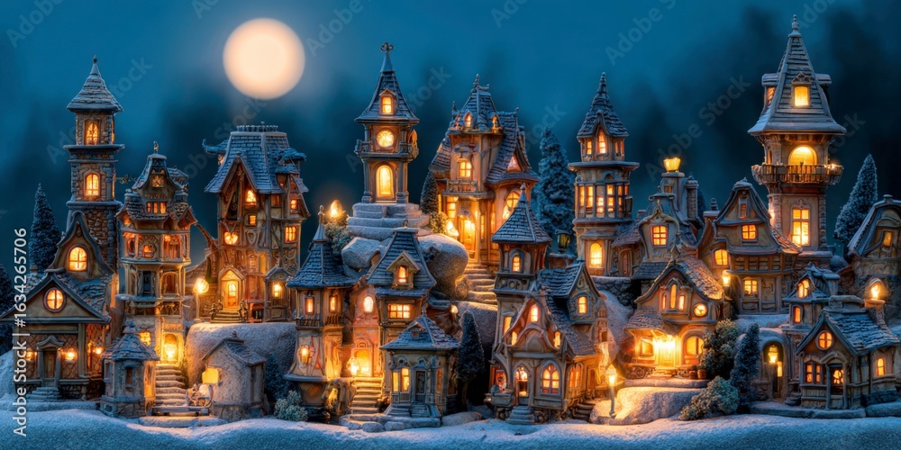 Fototapeta premium A Detailed Miniature Village Bathed in Moonlight