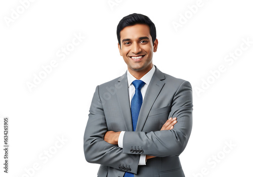 Confident indian businessman with arms crossed smiles in a gray suit and blue tie on a transparent background