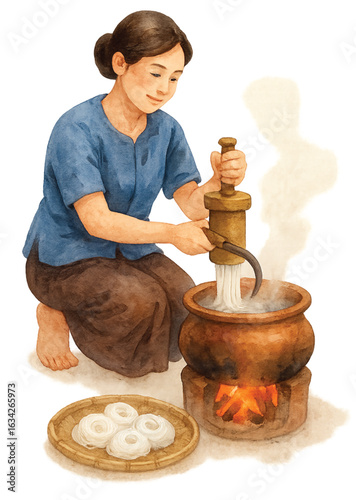 Thai Woman Making Khanom Jeen – Watercolor PNG