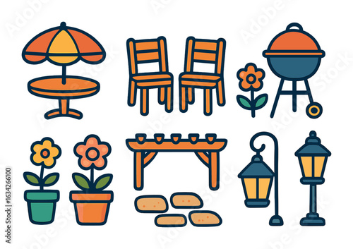 Colorful Patio Icons. Flat vector mini-illustrations outdoor patio design in colors children's illustrations: